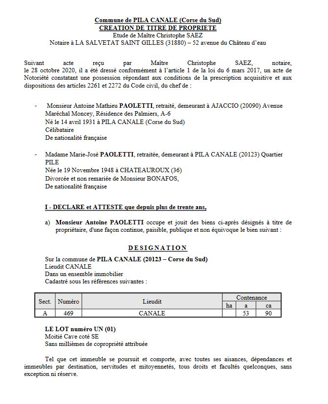 Avis de création de titre de propriété - commune de Pila-Canale (Corse du Sud)