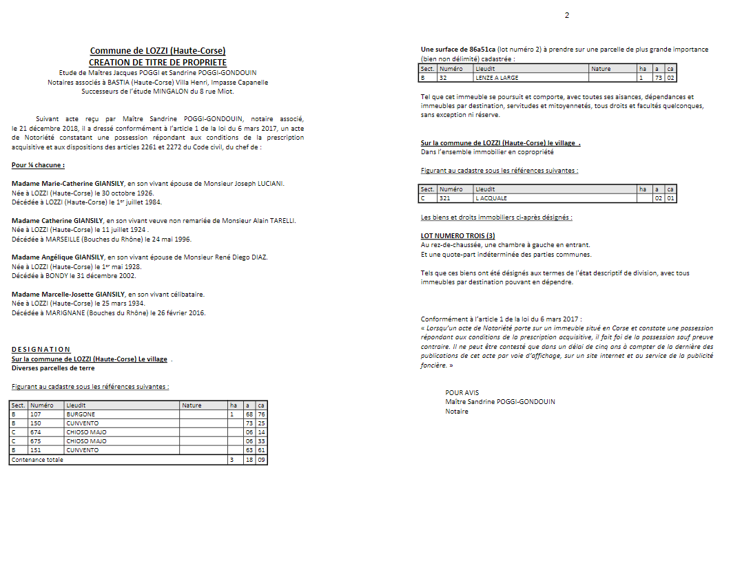  Avis de création de titre de propriété-Commune de Lozzi (Haute-Corse)