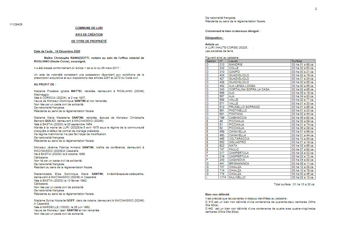  Avis de création de titre de propriété-Commune de Luri-(Haute-Corse)