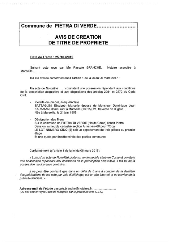  Avis de création de titre de propriété-Commune de Pietra Verde (Haute-Corse)