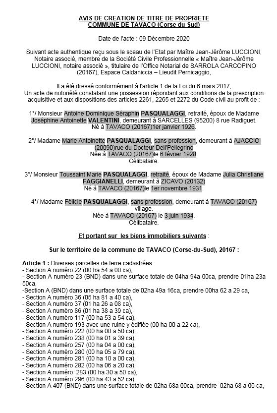 Avis de création de titre de propriété - commune de Tavaco (Corse du Sud)