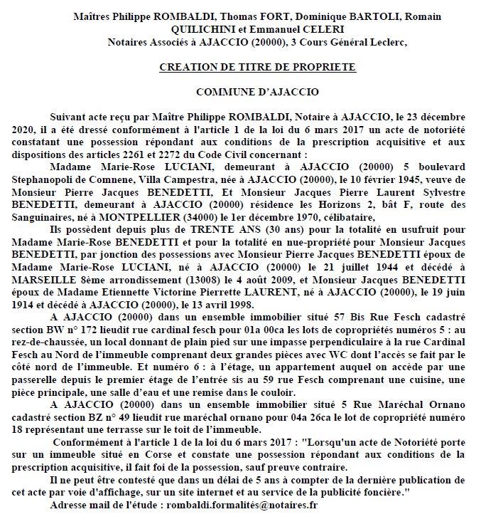 Avis de création de titre de propriété-Commune d'Ajaccio (Corse-du Sud)