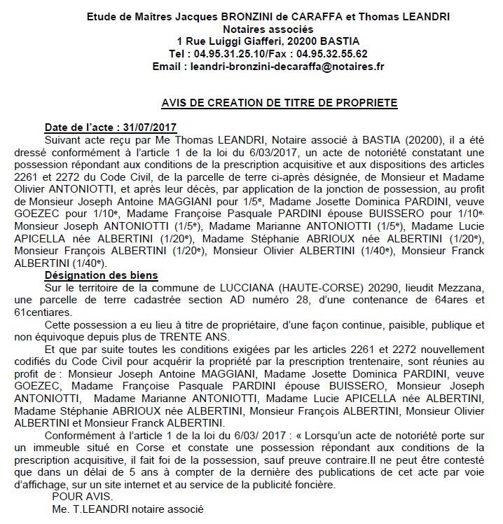  Avis de création de titre de propriété-Commune de Lucciana(Haute-Corse)