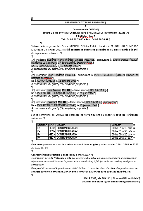 Avis de création de titre de propriété-Commune de Conca(Corse-du-sud)