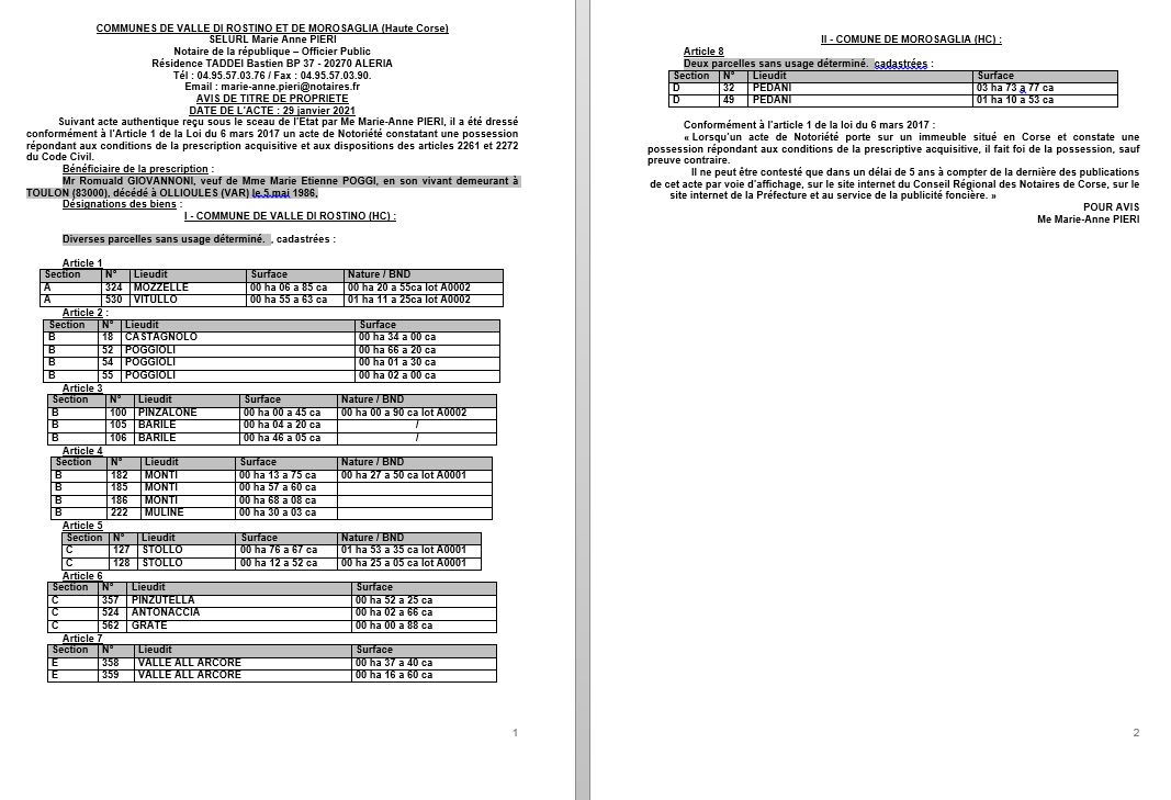 Avis de création de titre de propriété - commune de Valle di Rostino et Morosaglia (Haute Corse)