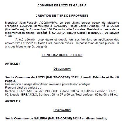 Avis de création de titre de propriété - commune de Lozzi et Galéria (Haute Corse)