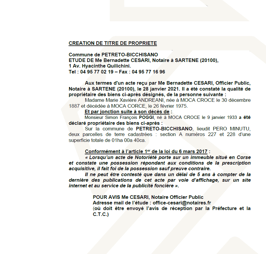 Avis de création de titre de propriété - Commune de Petreto Bicchisano (Corse-du-Sud)
