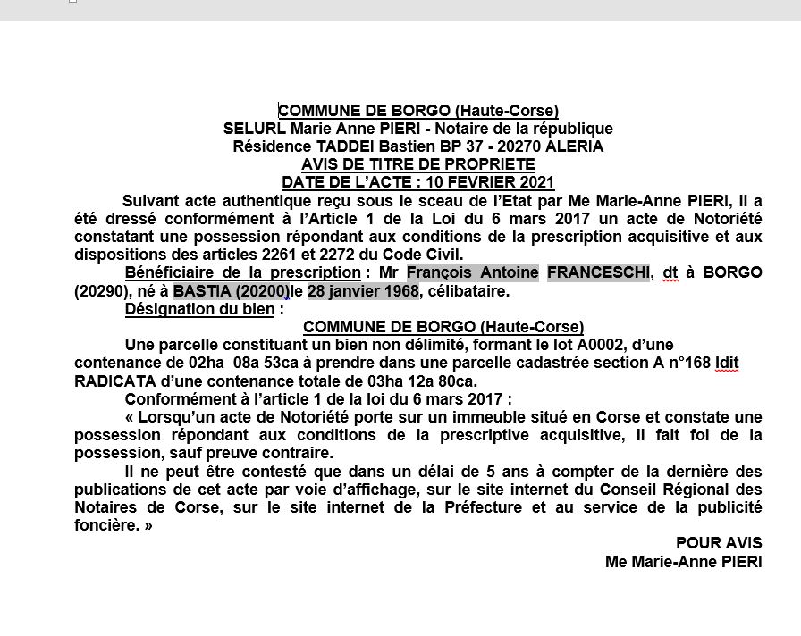Avis de création de titre de propriété - commune de Borgo (Haute Corse)