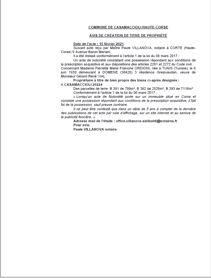  Avis de création de titre de propriété - Commune de Casamaccioli (Haute-Corse)