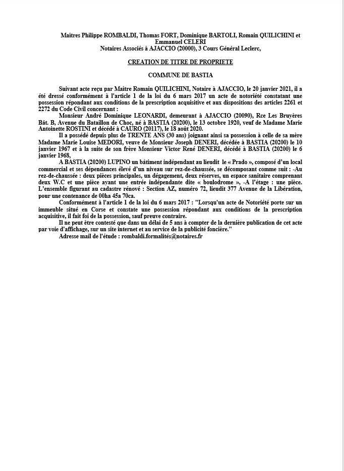 Avis de création de titre de propriété - Commune de Bastia (Haute-Corse)