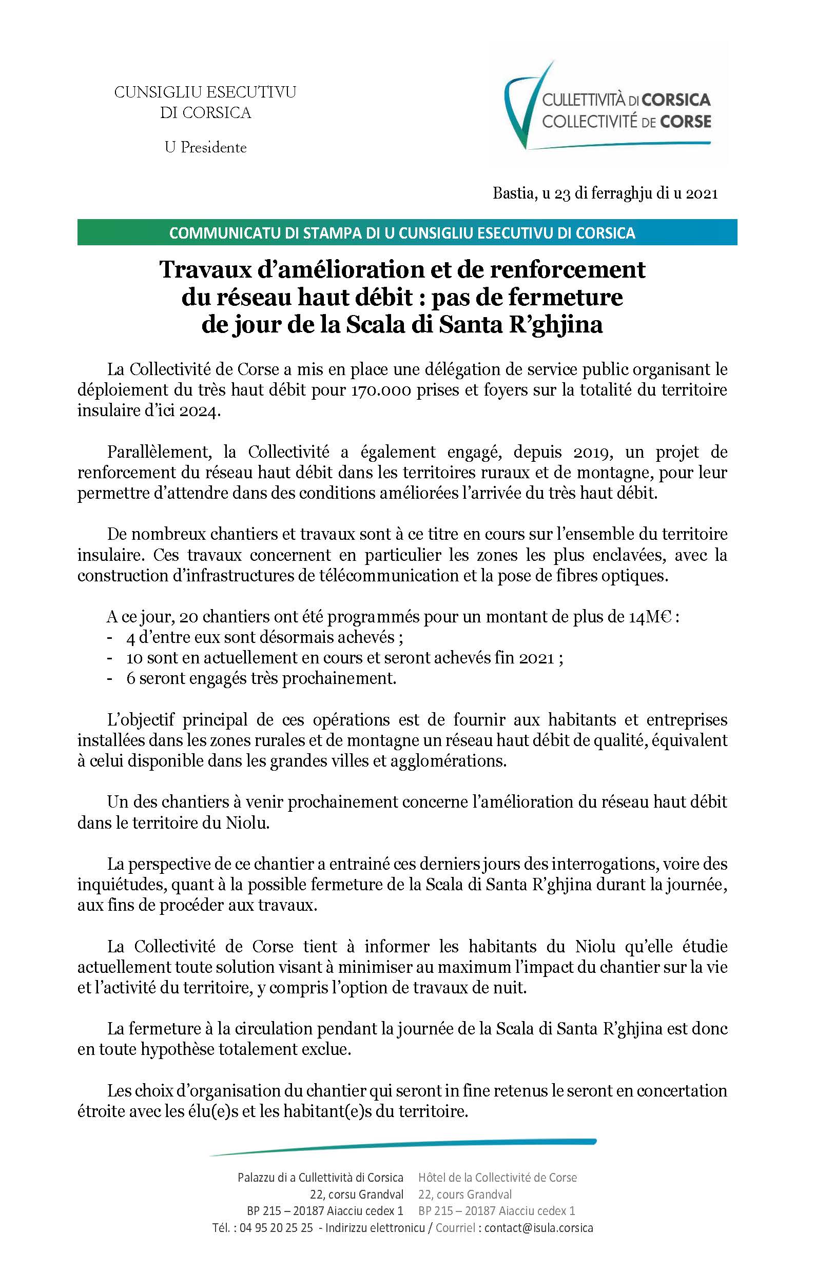 Travaux d’amélioration et de renforcement du réseau haut débit : pas de fermeture de jour de la Scala di Santa R’ghjina