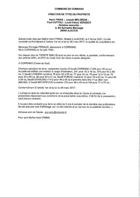 Avis de création de titre de propriété - Commune de Corrano (Corse-du-Sud)