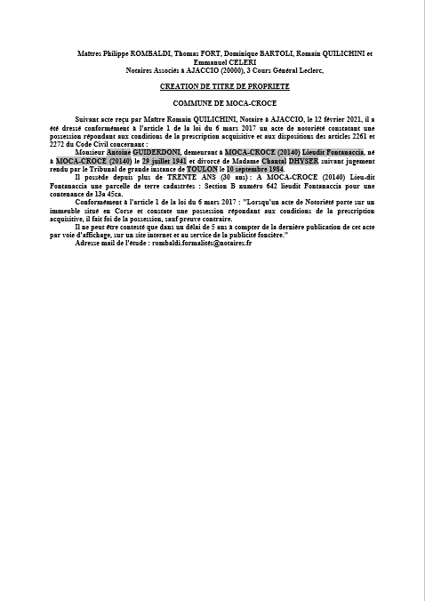 Avis de création de titre de propriété - Commune de Moca-Croce(Corse-du-Sud)