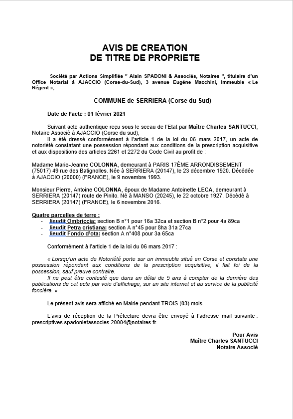  Avis de création de titre de propriété - Commune de Serriera (Corse-du-Sud)