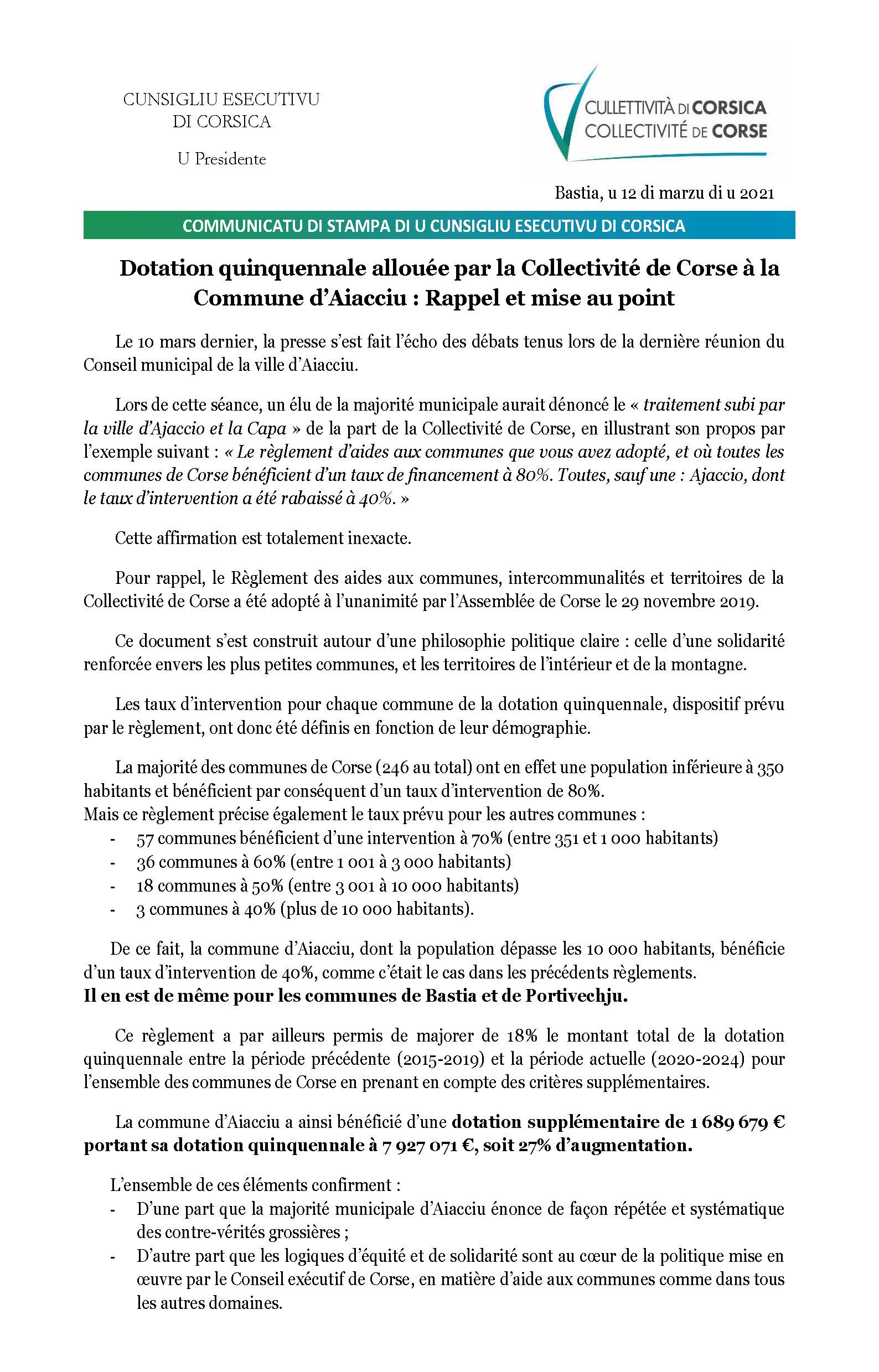 Dotation quinquennale allouée par la Collectivité de Corse à la Commune d’Aiacciu : Rappel et mise au point