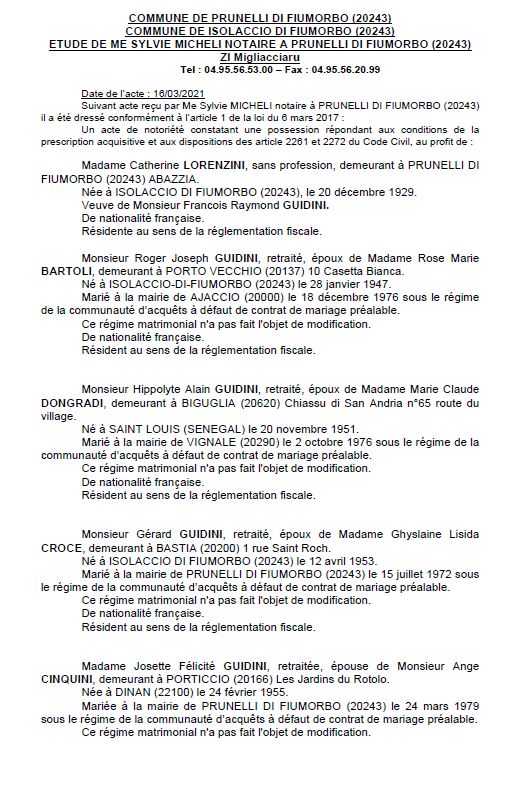 Avis de création de titre de propriété - commune de Prunelli di Fiumorbu (Haute corse)