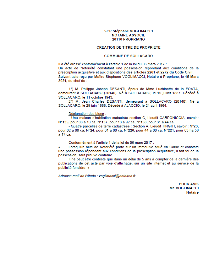 Avis de création de titre de propriété - Commune de Sollacaro ( Corse-du-sud)