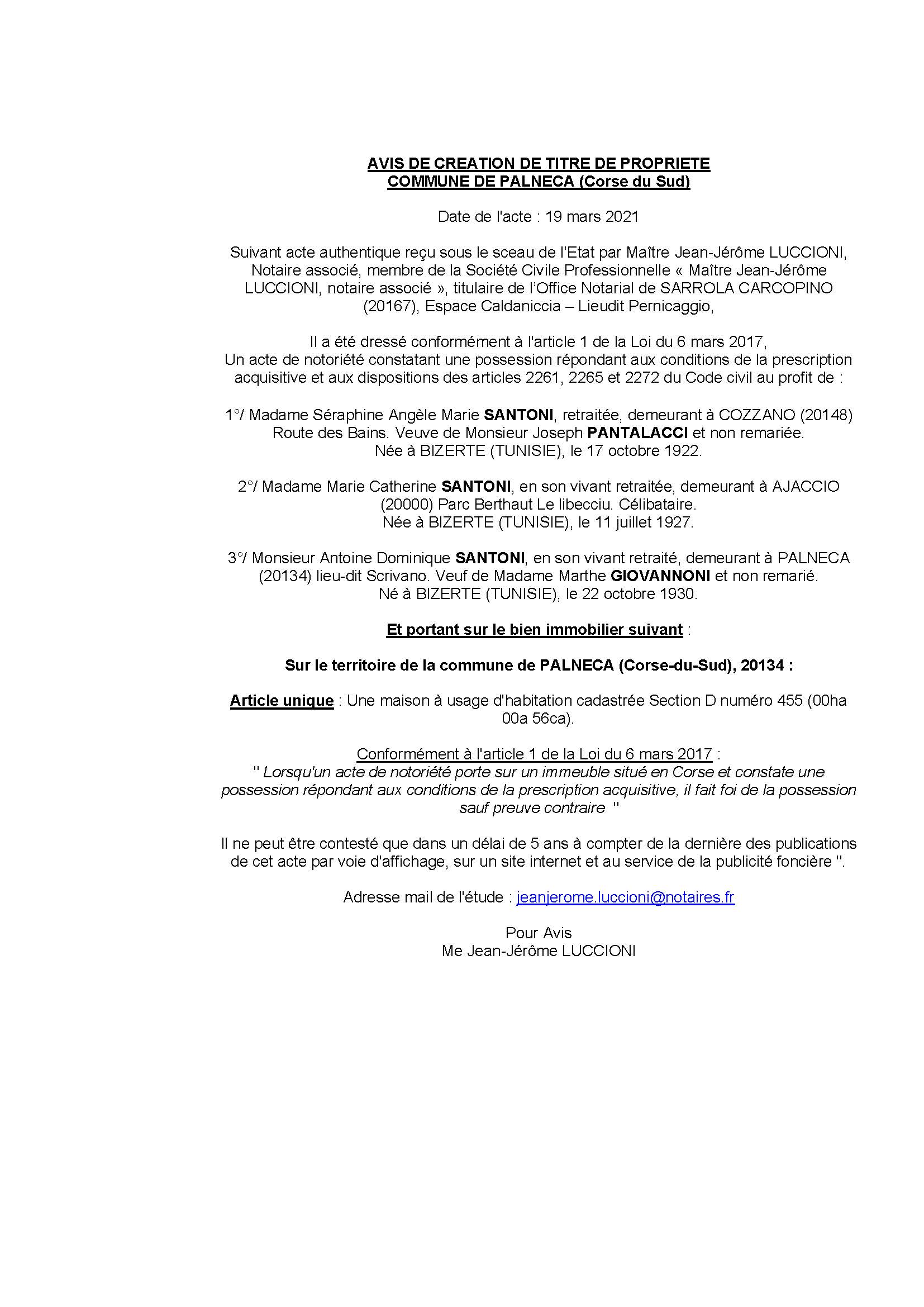 Avis de création de titre de propriété - Commune de Palneca ( Corse-du-sud)