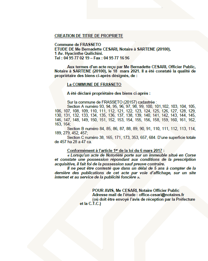 Avis de création de titre de propriété - Commune de Frasseto  ( Corse-du-sud)