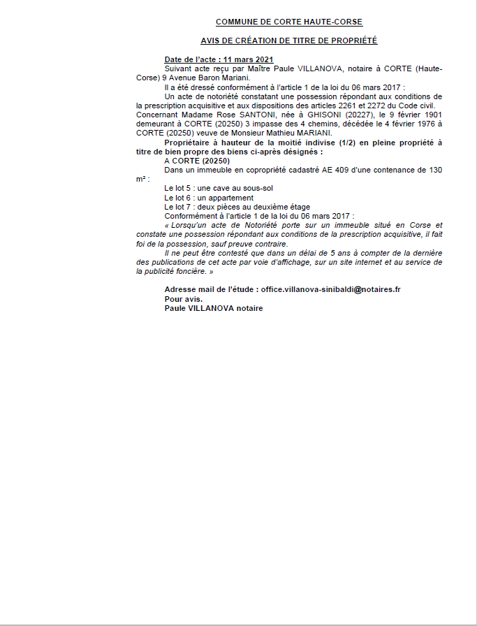  Avis de création de titre de propriété - Commune de Corte (Haute-Corse)