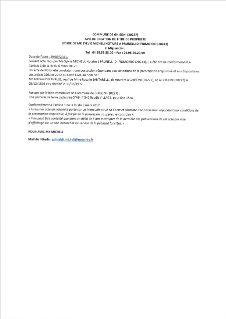  Avis de création de titre de propriété - Commune de Ghisoni (Haute-Corse)