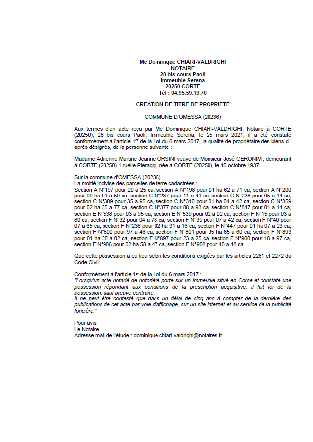 Avis de création de titre de propriété - Commune d'Omessa (Haute-Corse) Avis de création de titre de propriété - Commune d'Omessa (Haute-Corse)