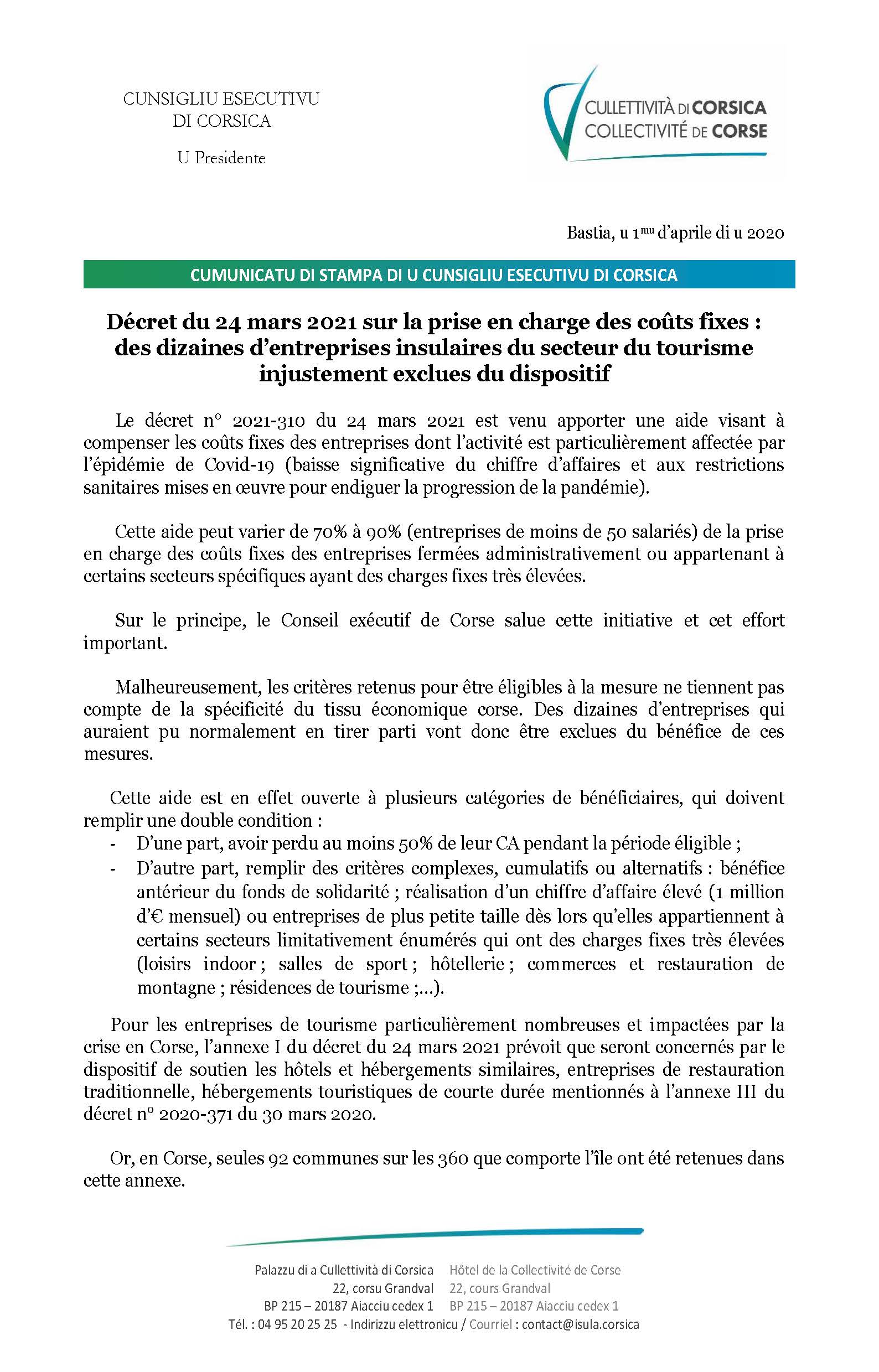 Décret du 24 mars 2021 sur la prise en charge des coûts fixes : des dizaines d’entreprises insulaires du secteur du tourisme injustement exclues du dispositif Décret du 24 mars 2021 sur la prise en charge des coûts fixes : des dizaines d’entreprises insulaires du secteur du tourisme injustement exclues du dispositif