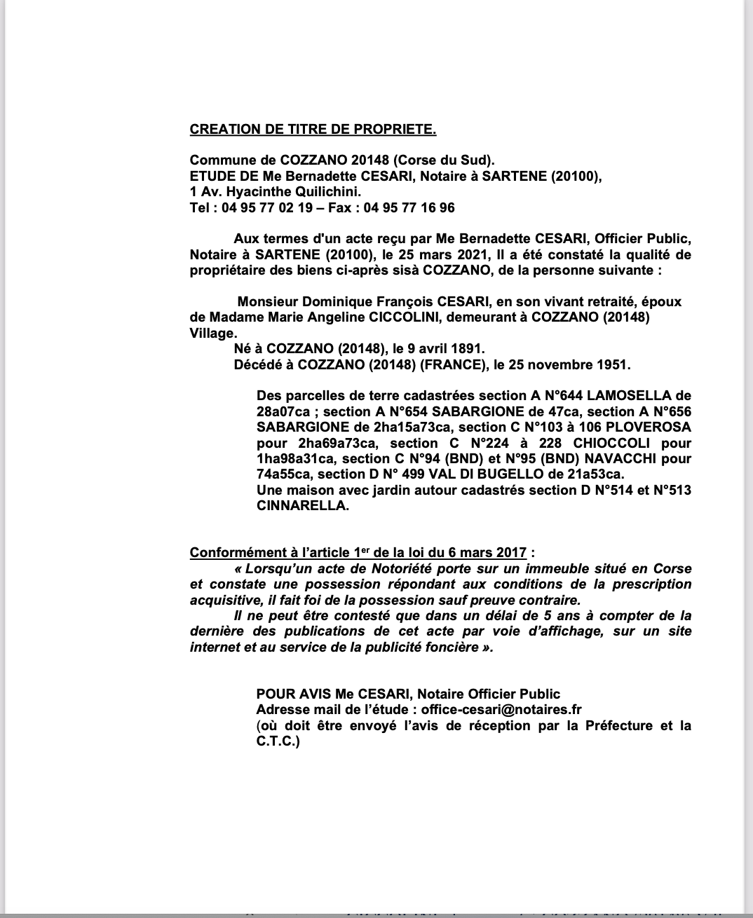  Avis de création de titre de propriété - Commune de Cozzano (Corse-du-Sud)