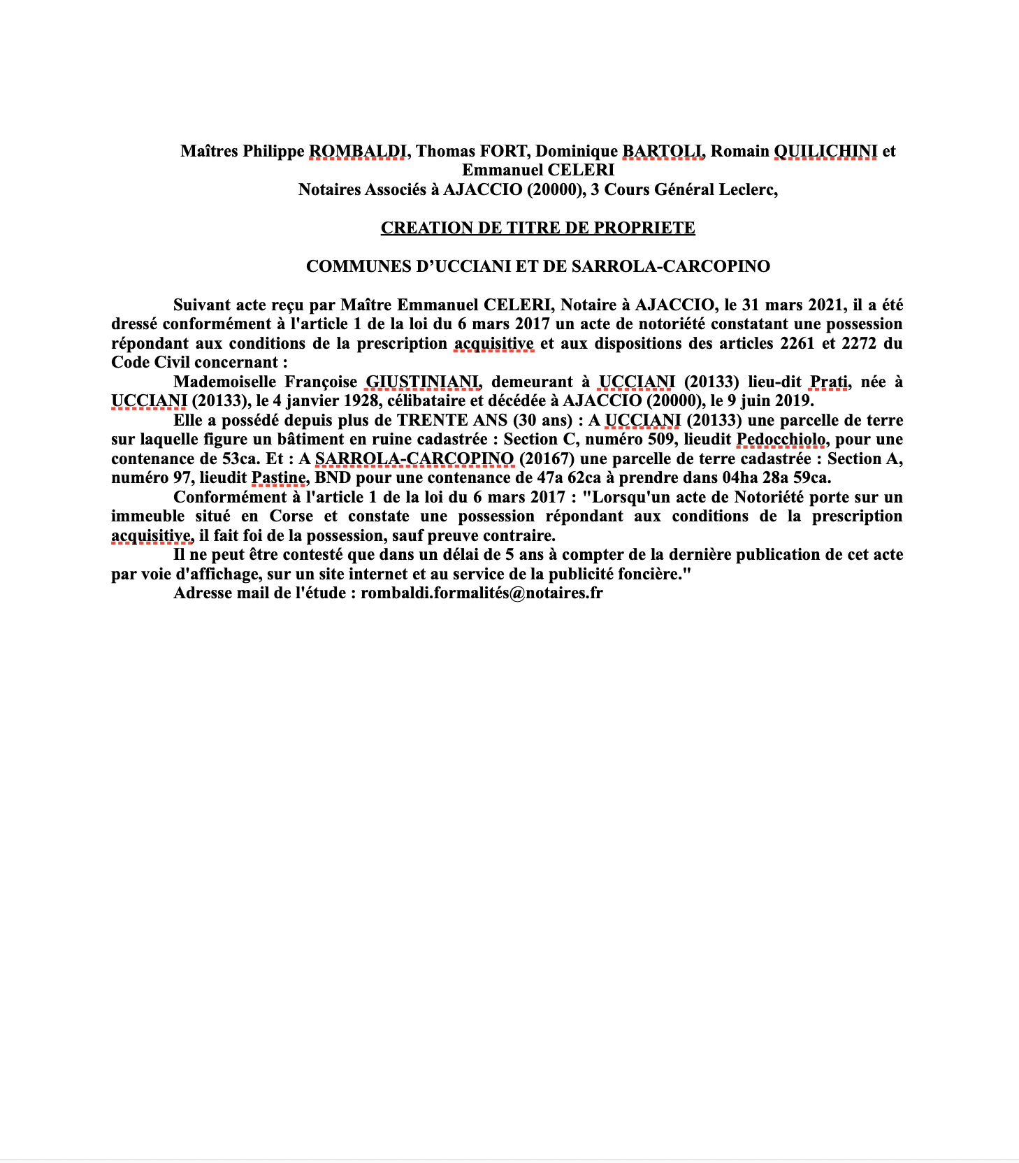 Avis de création de titre de propriété - Communes d'Ucciani et Sarrola-Carcopino Corse-du-Sud)