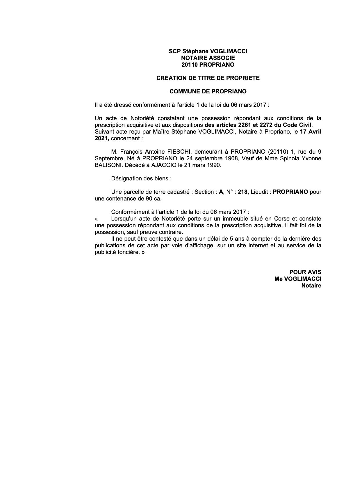 Avis de création de titre de propriété - Commune de Propriano (Corse-du-Sud)