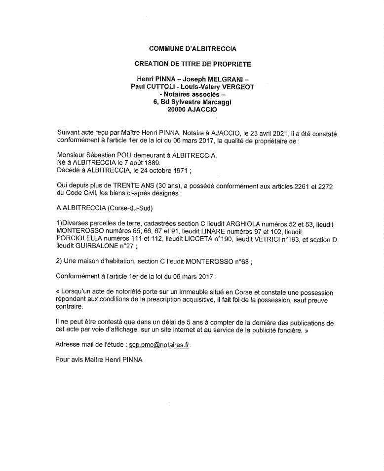 Avis de création de titre de propriété - Commune d'Abitreccia (Corse-du-Sud)