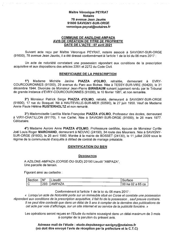 Avis de création de titre de propriété - Commune d'Azilone-Ampaza (Corse-du-Sud)