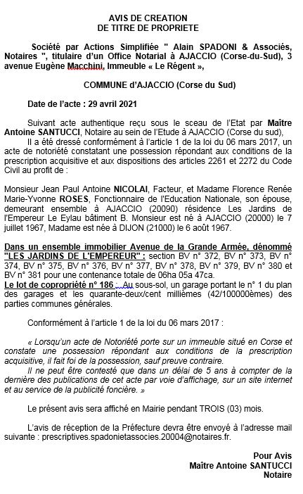 Avis de création de titre de propriété - Commune d'Ajaccio (Corse-du-Sud)