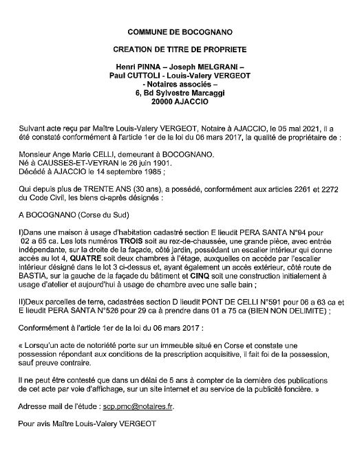 Avis de création de titre de propriété - Commune de Bocognano (Corse-du-Sud) Avis de création de titre de propriété - Commune de Bocognano (Corse-du-Sud)