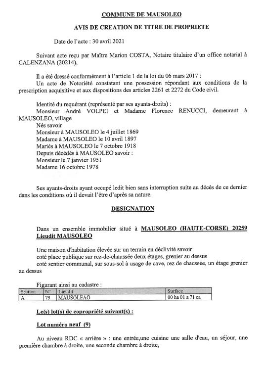 Avis de création de titre de propriété - Commune de Mausoleo (Haute-Corse)