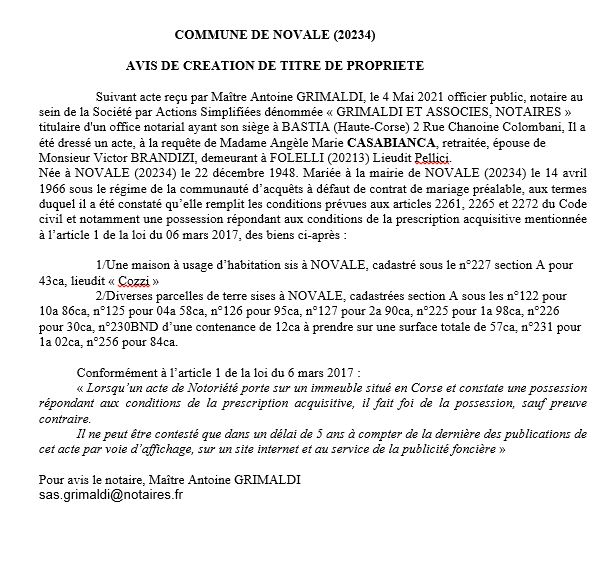 Avis de création de titre de propriété - Commune de Novale (Haute-Corse)