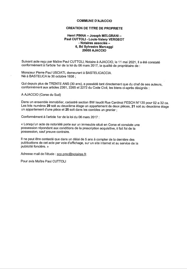 Avis de création de titre de propriété - Commune d'Ajaccio (Corse-du-Sud)  Avis de création de titre de propriété - Commune d'Ajaccio (Corse-du-Sud)