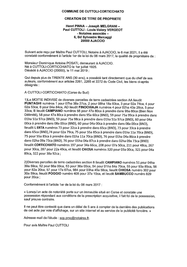 Avis de création de titre de propriété - Commune de Cuttoli-Corticchiato (Corse-du-Sud)  Avis de création de titre de propriété - Commune de Cuttoli-Corticchiato (Corse-du-Sud)