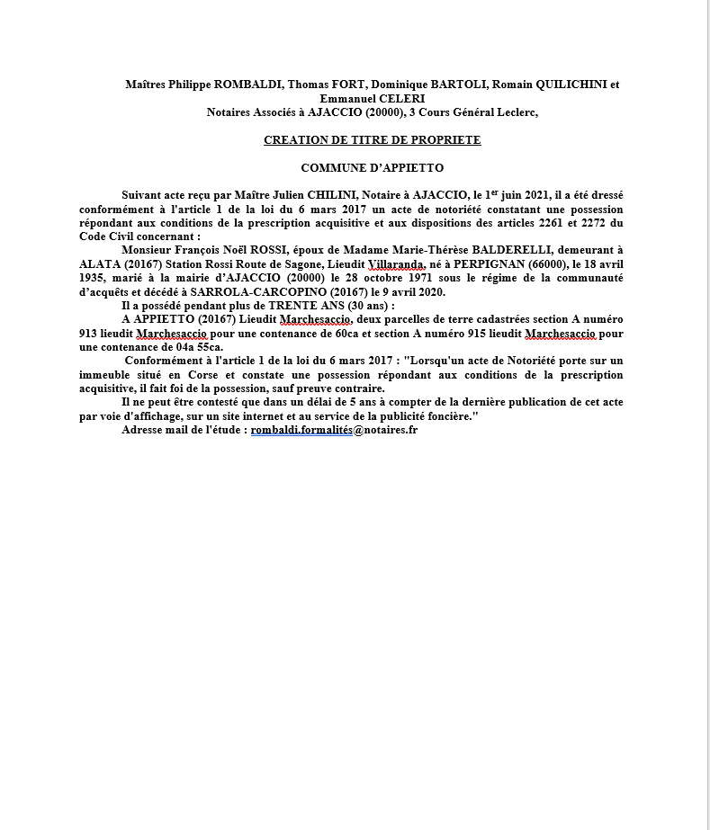Avis de création de titre de propriété - Commune d'Appietto (Corse-du Sud)