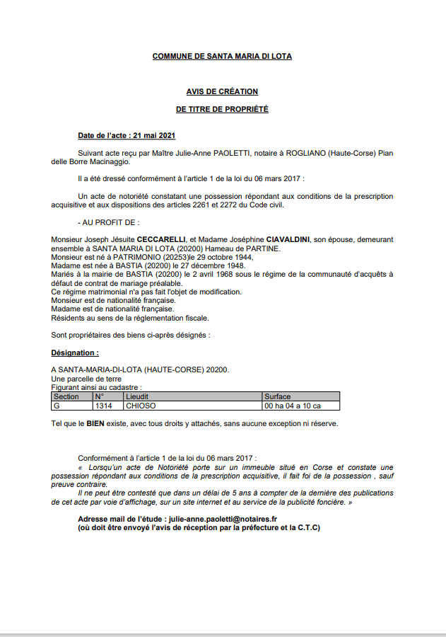 Avis de création de titre de propriété - Commune de Santa-Maria-di-Lota (Haute-Corse)  Avis de création de titre de propriété - Commune de Santa-Maria-di-Lota (Haute-Corse)