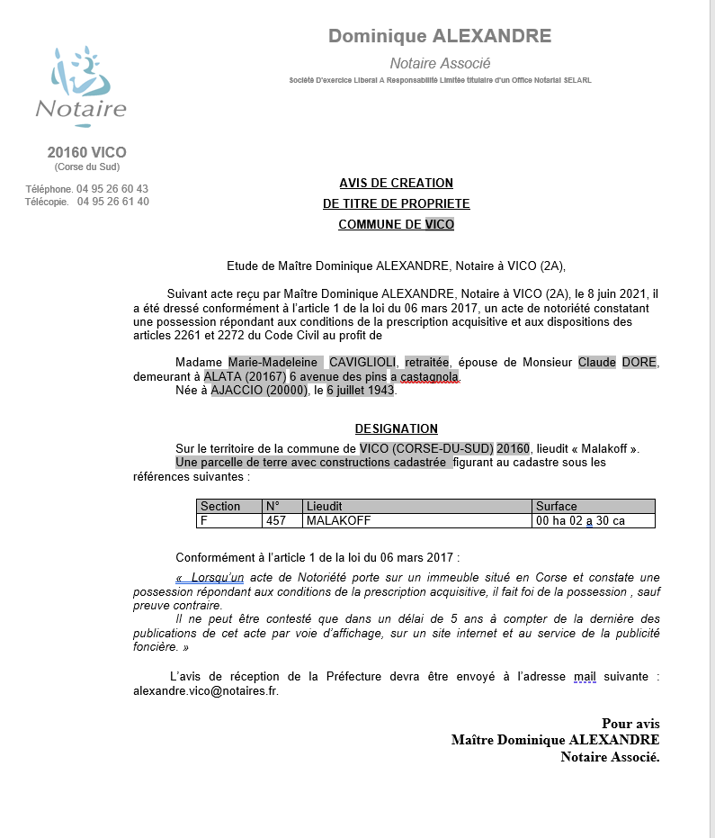 Avis de création de titre de propriété - Commune de Vico (Corse-du-Sud)