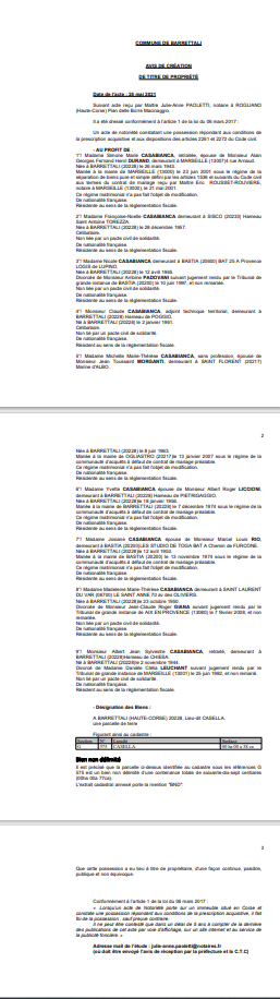 Avis de création de titre de propriété - Commune de Barretali (Haute-Corse)