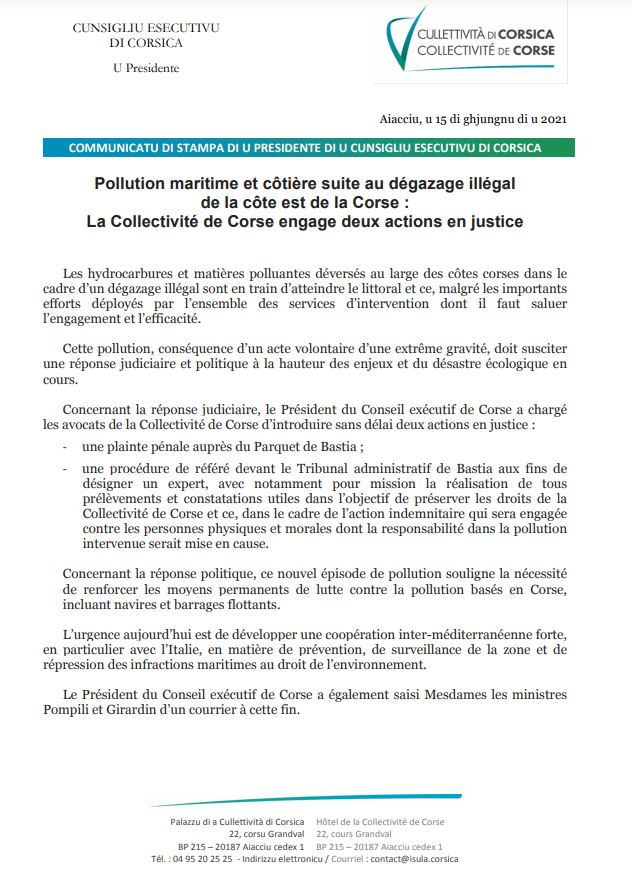 Communiqué du Conseil exécutif de Corse : Pollution maritime et côtière suite au dégazage illégal de la côte est de la Corse : La Collectivité de Corse engage deux actions en justice