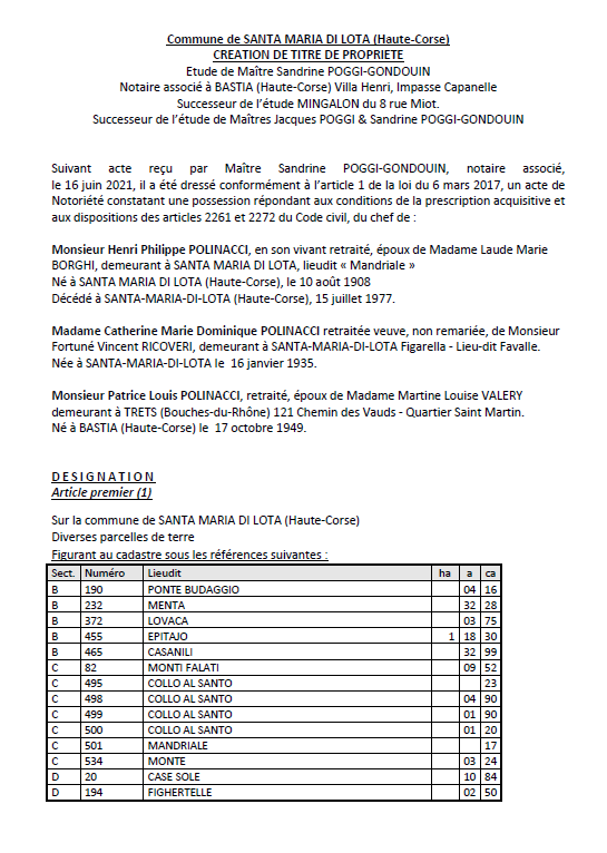 Avis de création de titre de propriété - Commune de Santa Maria di Lota (Haute Corse) Avis de création de titre de propriété - Commune de Santa Maria di Lota (Haute Corse)