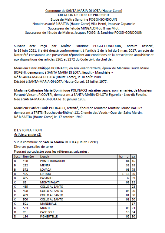 Avis de création de titre de propriété - Commune de Santa Maria di Lota (Haute Corse)