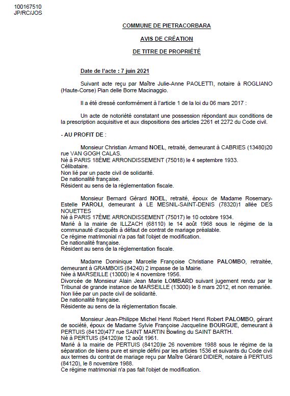 Avis de création de titre de propriété - Commune de Pietracorbara (Haute Corse) Avis de création de titre de propriété - Commune de Pietracorbara (Haute Corse)
