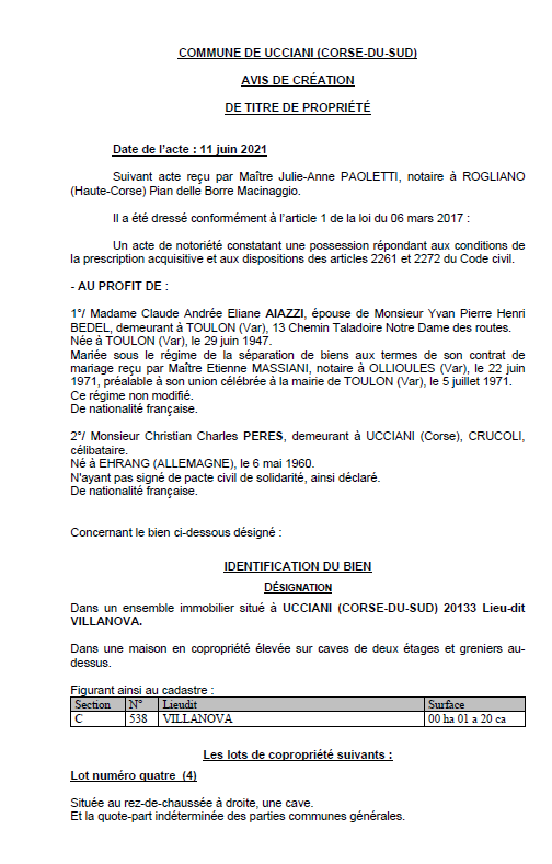 Avis de création de titre de propriété - Commune de Ucciani (Corse-du-sud)