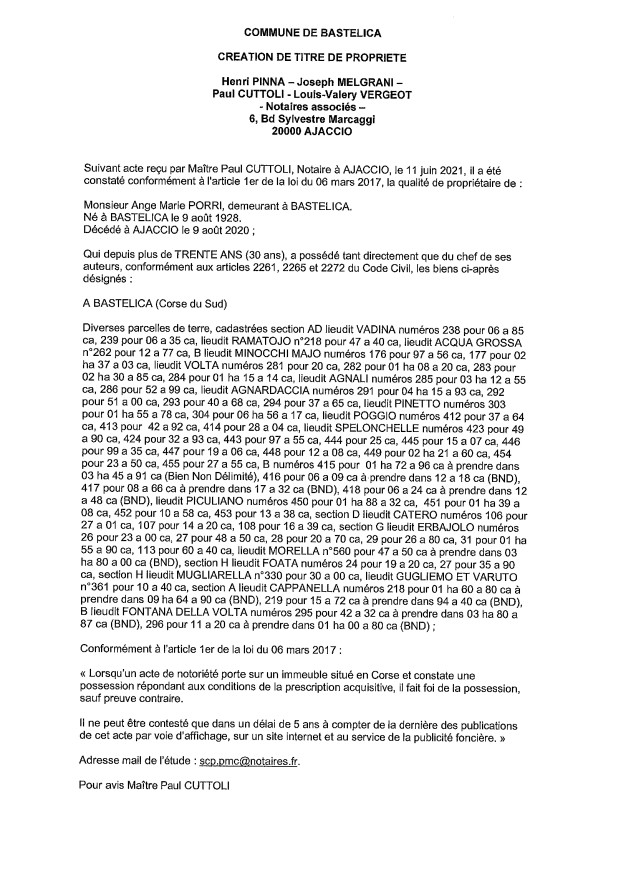  Avis de création de titre de propriété - Commune de Bastelica (Corse-du-Sud)