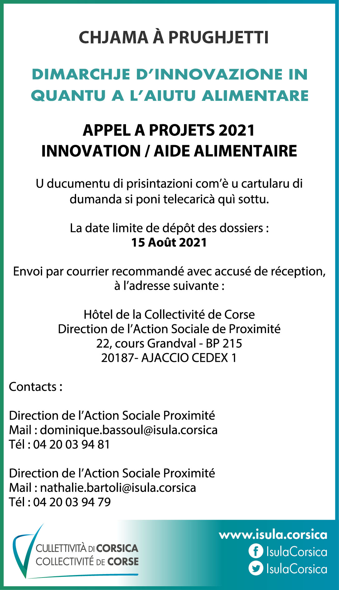  CHJAMA À PRUGHJETTI "Innovation - Aide alimentaire" 2021