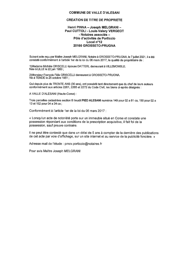  Avis de création de titre de propriété - Commune de Valle d'Alesani  (Haute-Corse)